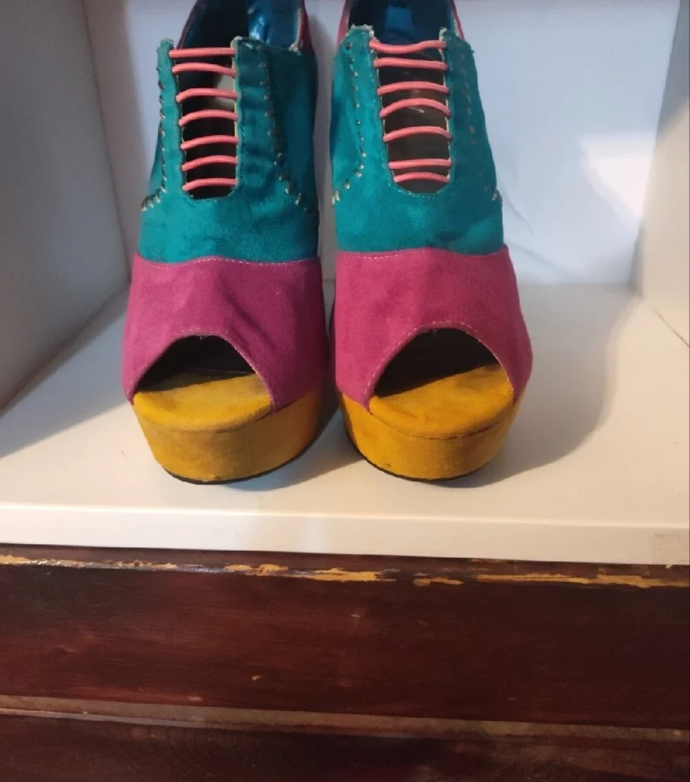 Colorblock faux Suede Wedge Peep Toe Heels in Teal, Magenta & Mustard